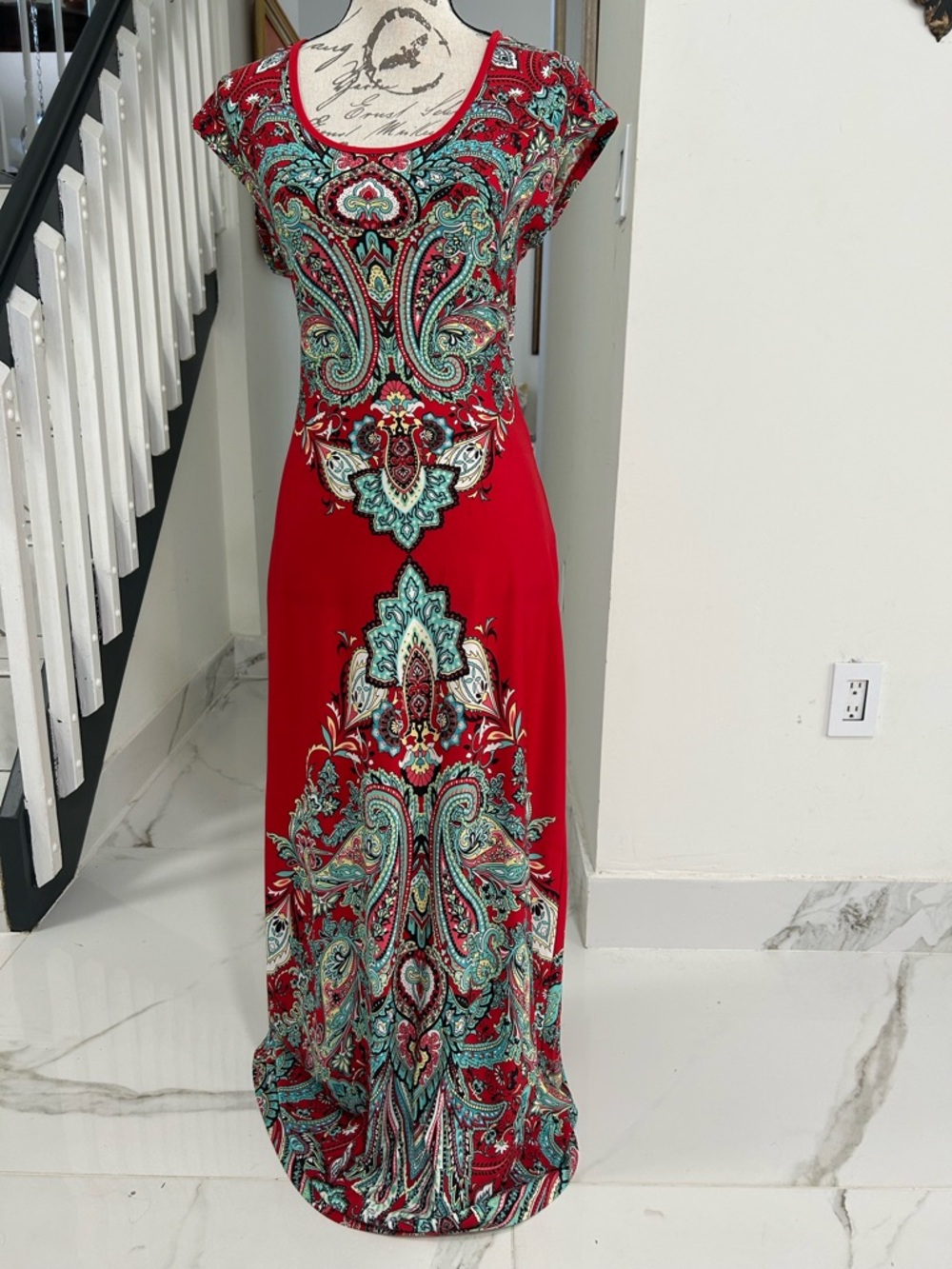 Davina Red Paisley Maxi Dress with Teal Accents Short Sleeve Scoop Neckline Size